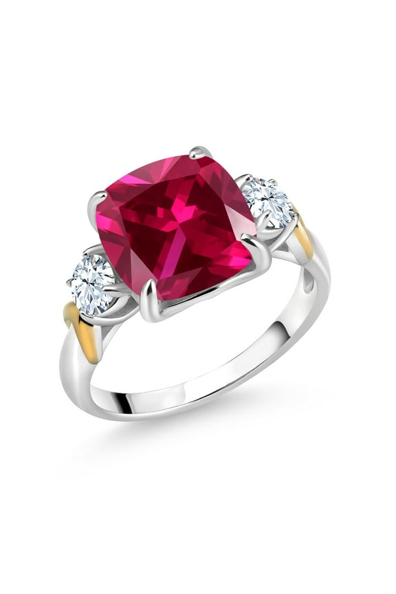 925 Silver and 10K Yellow Gold Red Created Ruby 3 Stone Ring for Women (5.50 Cttw, Gemstone July Birthstone, Cushion 10MM, Round 4MM, Size 6)