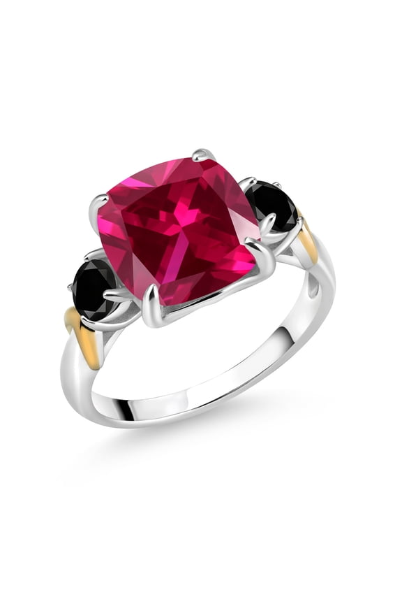 925 Silver and 10K Yellow Gold Red Created Ruby and Black Diamond 3 Stone Ring for Women (5.54 Cttw, Gemstone July Birthstone, Cushion 10MM, Round 4MM, Size 8)