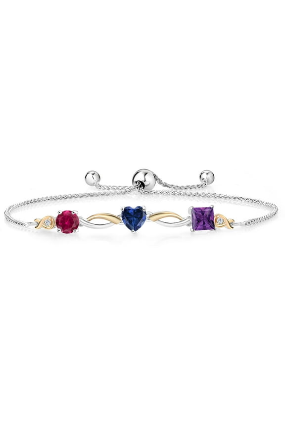 925 Silver and 10K Yellow Gold Red Created Ruby Blue Created Sapphire Purple Amethyst and Lab Grown Diamond Tennis Bracelet for Women By Keren Hanan (2.05 Cttw, Adjustable up To 9 inch)