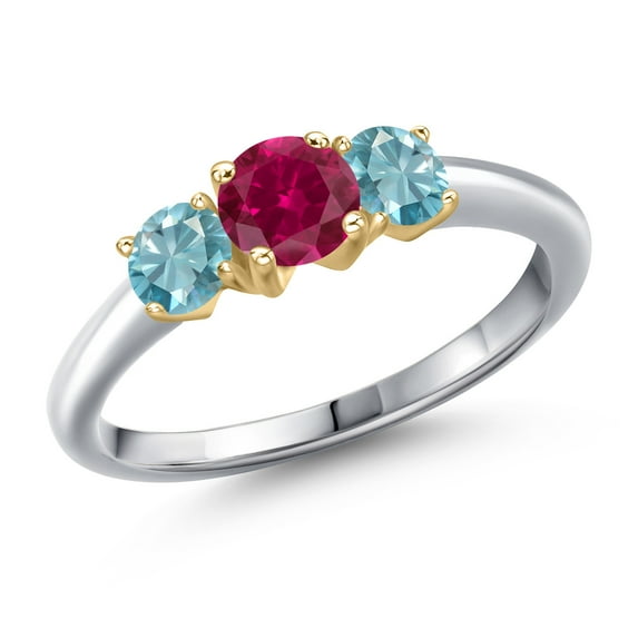 Gem Stone King 925 Silver and 10K Yellow Gold Red Created Ruby and Blue Zircon Engagement Ring for Women | 1.60 Cttw | Round 5MM | Gemstone July Birthstone | Size 7