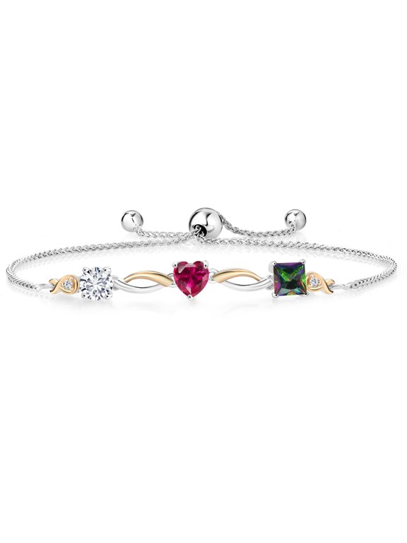 925 Silver and 10K Yellow Gold Red Created Ruby Green Mystic Topaz and Lab Grown Diamond Tennis Bracelet for Women By Keren Hanan (2.26 cttw, Adjustable up To 9 inch)
