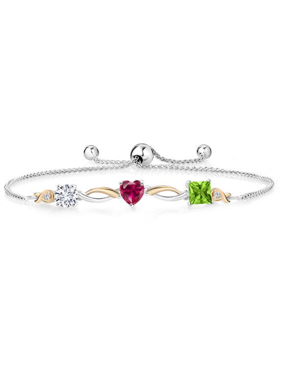 925 Silver and 10K Yellow Gold Red Created Ruby Green Peridot and Lab Grown Diamond Tennis Bracelet for Women By Keren Hanan (2.19 cttw, Adjustable up To 9 inch)