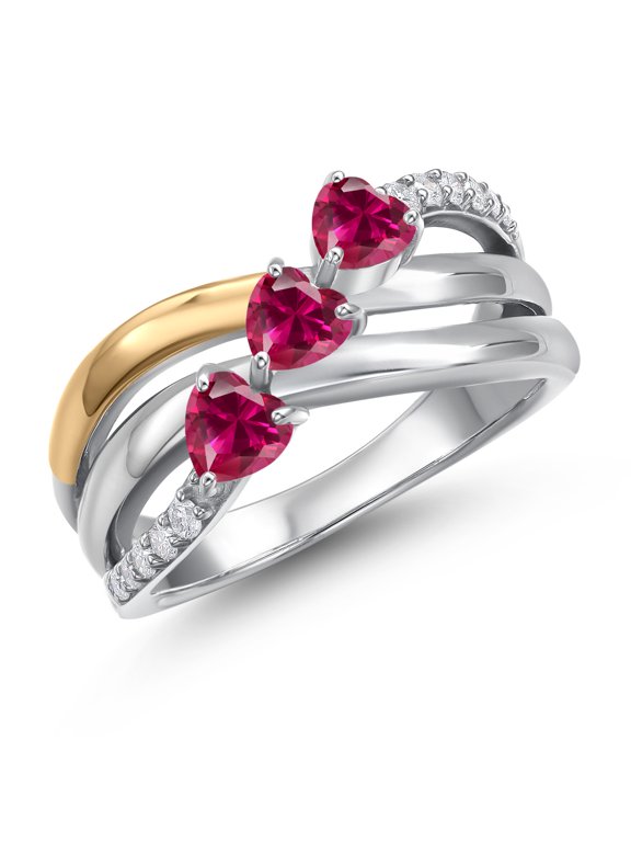 925 Silver and 10K Yellow Gold Red Created Ruby and Lab Grown Diamond Engagement Ring for Women | 0.99 Cttw | Heart Shape Gemstone July Birthstone | Size 8
