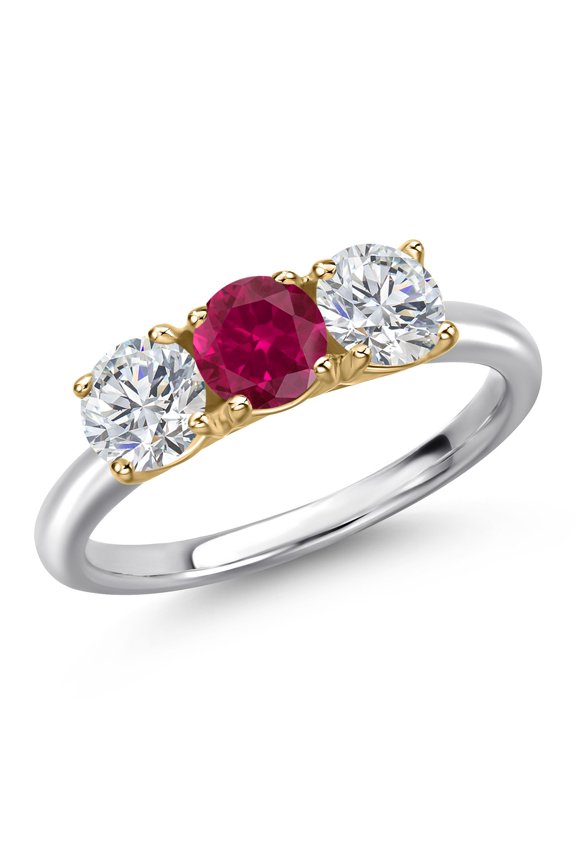 925 Silver and 10K Yellow Gold Red Created Ruby and Lab Grown Diamond Engagement Ring for Women | 1.60 Cttw | Round 5MM | Gemstone July Birthstone | Size 8