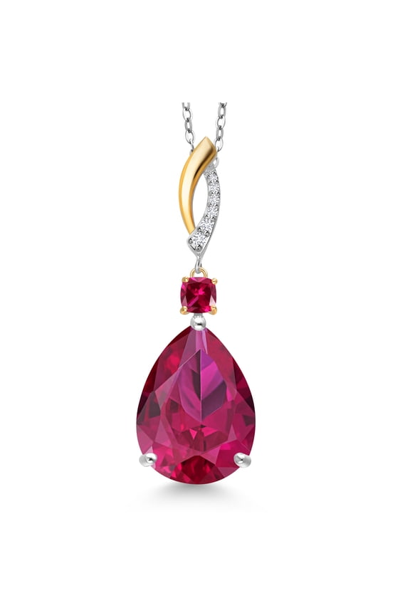 925 Silver and 10K Yellow Gold Red Created Ruby & Lab Grown Diamond Pendant Necklace for Women | 26.71 Cttw | Gemstone July Birthstone | Pear Shape 18X13MM | With 18 " Chain