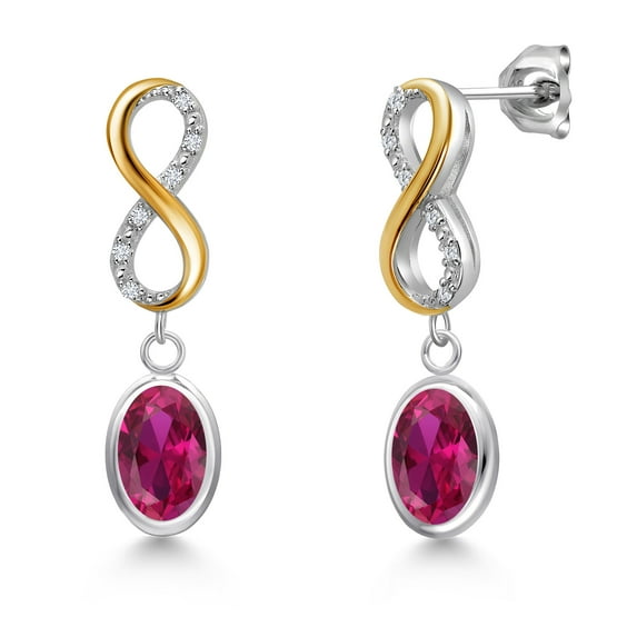Gem Stone King 925 Silver and 10K Yellow Gold Red Created Ruby and Lab Grown Diamond Earrings for Women | 2.76 Cttw | Gemstone July Birthstone | Oval 8X6MM