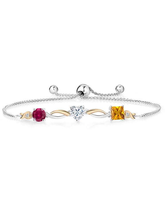 925 Silver and 10K Yellow Gold Red Created Ruby Moissanite Yellow Citrine and Lab Grown Diamond Tennis Bracelet for Women By Keren Hanan (2.00 cttw, Adjustable up To 9 inch)