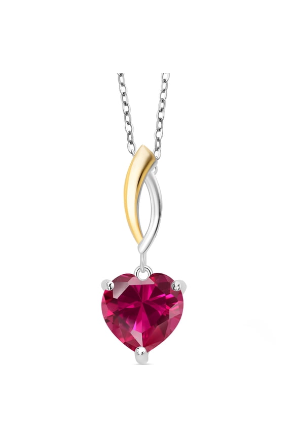 925 Silver and 10K Yellow Gold Red Created Ruby Pendant Necklace for Women By Keren Hanan (4.00 Cttw, Heart Shape 10MM, with 18 inch Chain)