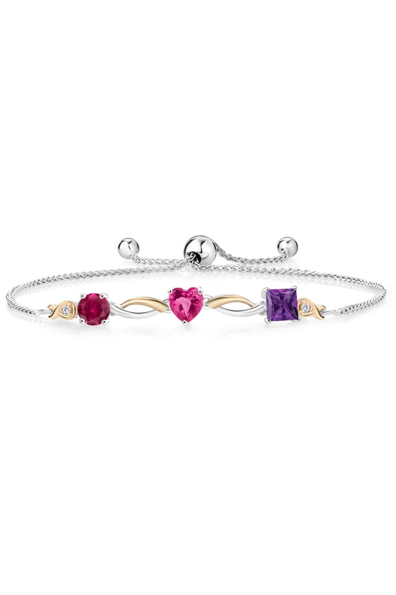 925 Silver and 10K Yellow Gold Red Created Ruby Pink Created Sapphire Purple Amethyst and Lab Grown Diamond Tennis Bracelet for Women By Keren Hanan (2.05 cttw, Adjustable up To 9 inch)