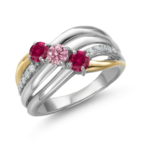 Gem Stone King 925 Silver and 10K Yellow Gold Red Created Ruby and Pink Lab Grown Diamond Engagement Ring for Women | 0.90 Cttw | Round 4MM | July Birthstone | Size 8