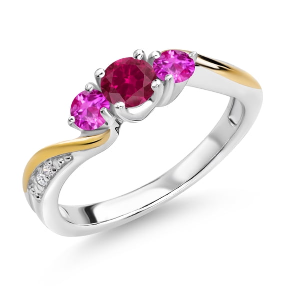 Gem Stone King 925 Silver and 10K Yellow Gold Red Created Ruby Pink Sapphire and White Lab Grown Diamond 3 Stone Engagement Ring for Women (0.54 Cttw, July Birthstone, Size 6)