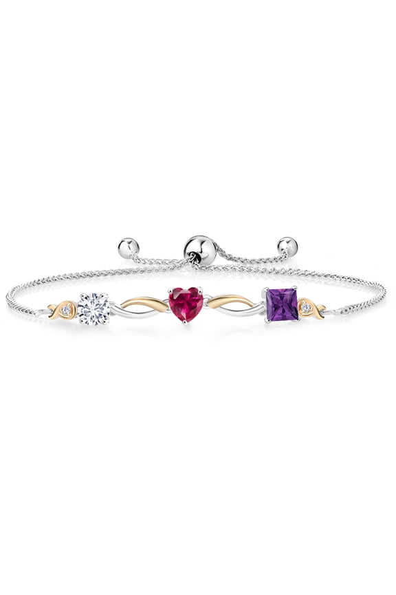 925 Silver and 10K Yellow Gold Red Created Ruby Purple Amethyst and Lab Grown Diamond Tennis Bracelet for Women By Keren Hanan (2.11 cttw, Adjustable up To 9 inch)