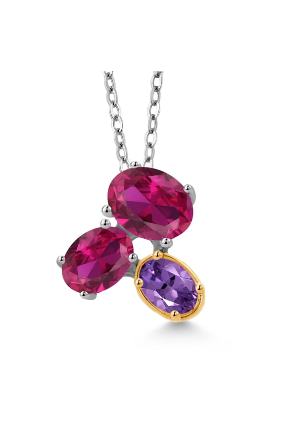 925 Silver and 10K Yellow Gold Red Created Ruby and Purple Amethyst Pendant Necklace for Women (2.65 Cttw, Oval 8X6MM, 7X5MM and 6X4MM, Gemstone July Birthstone, with 18 inch Chain)