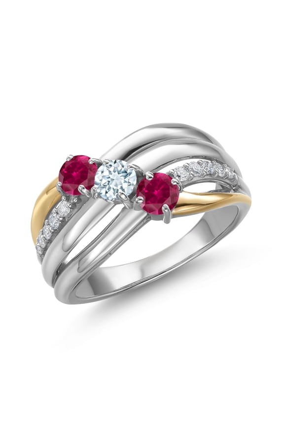 925 Silver and 10K Yellow Gold Red Created Ruby and Sky Blue Aquamarine and Lab Grown Diamond Engagement Ring for Women | 0.90 Cttw | Round 4MM | July Birthstone | Size 9