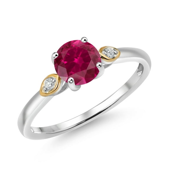 Gem Stone King 925 Silver and 10K Yellow Gold Red Created Ruby and White Lab Grown Diamond 3-Stone Engagement Ring for Women (1.03 Cttw, Round 6MM, Gemstone July Birthstone, Size 5)