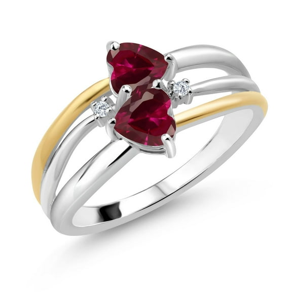 Gem Stone King 925 Silver and 10K Yellow Gold Red Created Ruby and White Lab Grown Diamond Band Ring for Women (1.22 Cttw, Gemstone July Birthstone, Heart Shape 5MM, Size 5)
