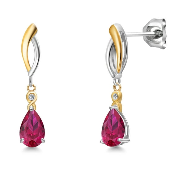 Gem Stone King 925 Silver and 10K Yellow Gold Red Created Ruby and White Lab Grown Diamond Earrings for Women | 2.12 Cttw | Gemstone July Birthstone | Pear Shape 8X5MM
