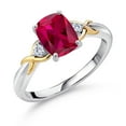 thumbnail image 1 of Gem Stone King 925 Silver and 10K Yellow Gold Red Created Ruby and White Lab Grown Diamond Engagement Ring for Women | 2.08 Cttw | Cushion 8X6MM | Round 2MM | Available in Size 5, 6, 7, 8, 9, 1 of 6