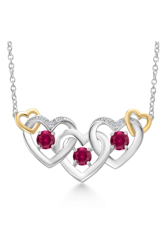 925 Silver and 10K Yellow Gold Red Created Ruby and White Lab Grown Diamond Heart Shape Pendant Necklace for Women (0.81 Cttw, with 18 inch Chain)