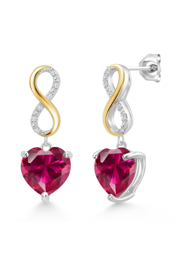 925 Silver and 10K Yellow Gold Red Created Ruby and White Lab Grown Diamond Infininty Dangle Earrings for Women By Keren Hanan 8.06 Cttw, Heart Shape 10MM