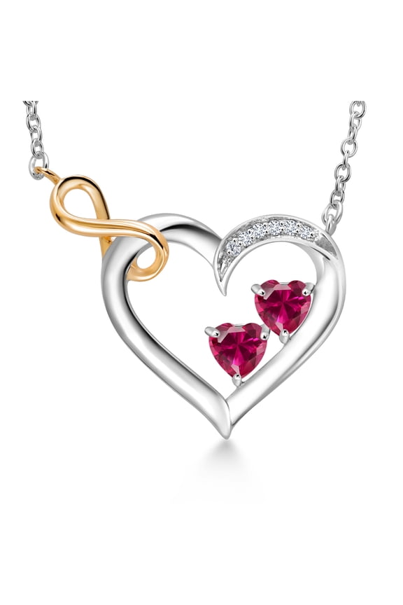 925 Silver and 10K Yellow Gold Red Created Ruby White Lab Grown Diamond Infinity Heart Pendant Necklace for Women (0.63 Cttw, Heart Shape 4MM, with 18 inch Chain)