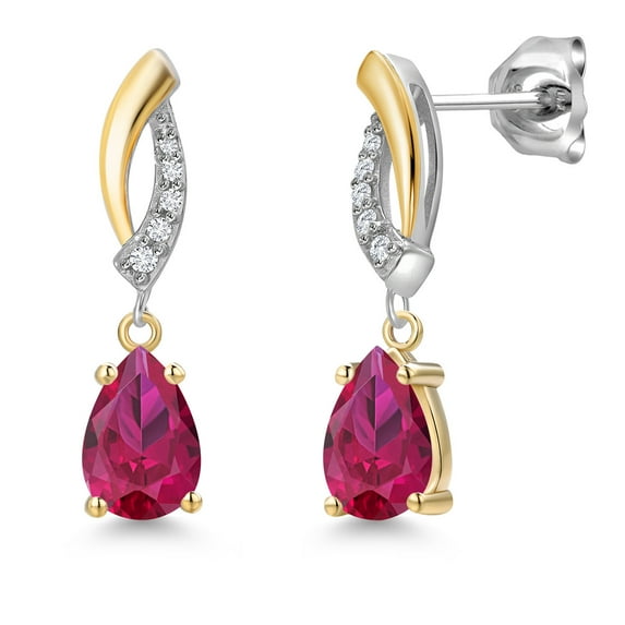 Gem Stone King 925 Silver and 10K Yellow Gold Red Created Ruby and White Lab Grown Diamond Stud Earrings for Women | 2.05 Cttw | Gemstone July Birthstone | Pear Shape 7X5MM
