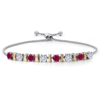 Gem Stone King 925 Silver and 10K Yellow Gold Red Created Ruby and White Moissanite Bracelet for Women | 1.92 Cttw | Gemstone July Birthstone | Round 4MM | Adjustable up to 9 inch