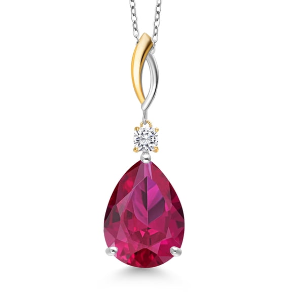Gem Stone King 13.32 Cttw Red Created Ruby and White Moissanite Pendant Necklace for Women | 925 Silver and 10K Yellow Gold | Gemstone July Birthstone | Pear Shape 18X13MM | With 18 inch Chain