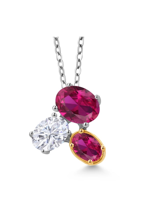 925 Silver and 10K Yellow Gold Red Created Ruby and White Moissanite Pendant Necklace for Women (2.75 Cttw, Oval 8X6MM, 7X5MM and 6X4MM, Gemstone July Birthstone, 18 inch Chain)