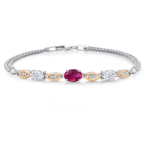 Gem Stone King 925 Silver and 10K Yellow Gold Red Created Ruby and White Moissanite and White Lab Grown Diamond Bracelet for Women (1.91 Cttw, Gemstone July Birthstone, Oval, Wheat Chain, 7.5 inches)
