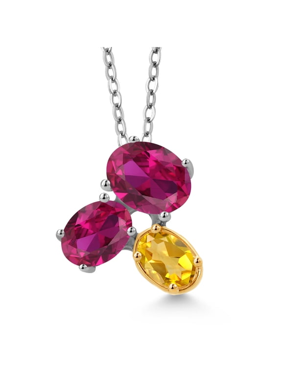 925 Silver and 10K Yellow Gold Red Created Ruby and Yellow Citrine Pendant Necklace for Women (2.65 Cttw, Oval 8X6MM, 7X5MM and 6X4MM, Gemstone July Birthstone, with 18 inch Chain)