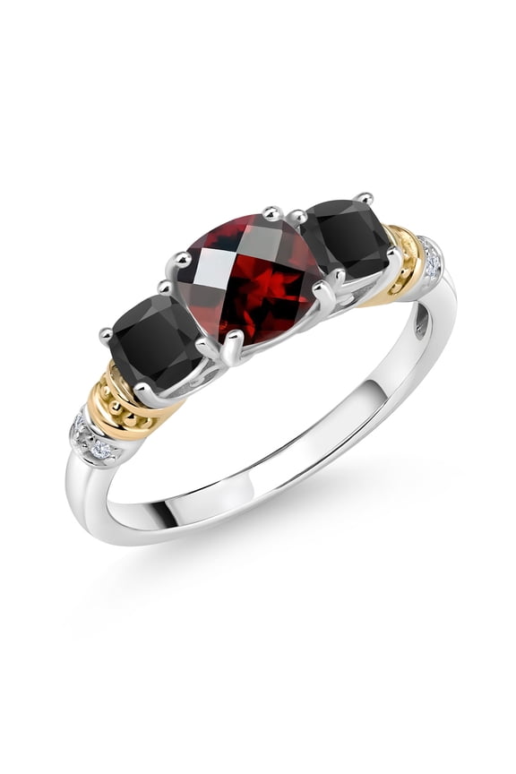 925 Silver and 10K Yellow Gold Red Garnet and Black Onyx and Diamond 3-Stone Ring for Women (1.54 Cttw, Gemstone January Birthstone, Cushion Checkerboard 6MM and 4MM, Size 8)