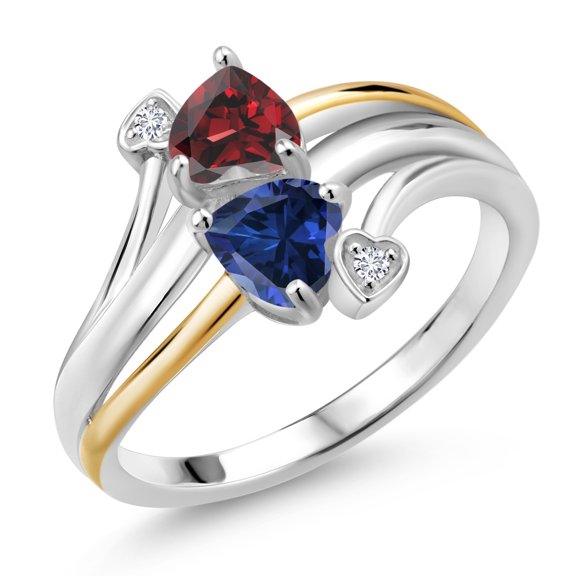 Gem Stone King 1.12 Cttw Red Garnet Blue Created Sapphire & Lab Grown Diamond 2 Heart Promise Couple Engagement Mother Ring | 925 Silver and 10K Yellow Gold| Size 5