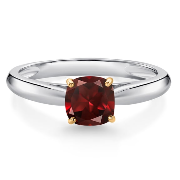 Gem Stone King 925 Silver and 10K Yellow Gold Red Garnet Engagement Ring for Women (0.80 Cttw, Cushion 5MM, Gemstone January Birthstone, Size 6)