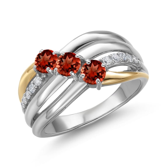 Gem Stone King 925 Silver and 10K Yellow Gold Red Garnet and Lab Grown Diamond Engagement Ring for Women | 1.26 Cttw | Round 4MM | January Birthstone | Size 8