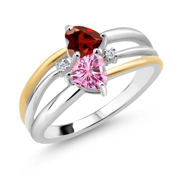 Gem Stone King 925 Silver and 10K Yellow Gold Red Garnet and Pink Moissanite and White Lab Grown Diamond Band Ring for Women (1.12 Cttw, Gemstone January Birthstone, Heart Shape 5MM, Size 7)
