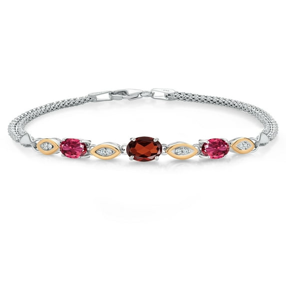 Gem Stone King 925 Silver and 10K Yellow Gold Red Garnet and Pink Tourmaline and White Lab Grown Diamond Bracelet for Women (1.88 Cttw, Gemstone January Birthstone, Oval, Wheat Chain, 7 inches)