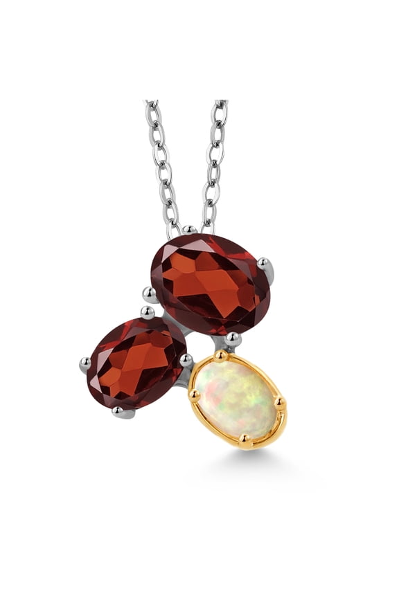 925 Silver and 10K Yellow Gold Red Garnet and White Ethiopian Opal Pendant Necklace for Women (2.82 Cttw, Oval 8X6MM, 7X5MM and 6X4MM, Gemstone January Birthstone, with 18 inch Chain)