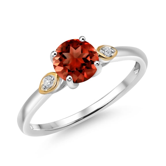 Gem Stone King 925 Silver and 10K Yellow Gold Red Garnet and White Lab Grown Diamond 3-Stone Engagement Ring for Women (1.03 Cttw, Round 6MM, Gemstone January Birthstone, Size 9)