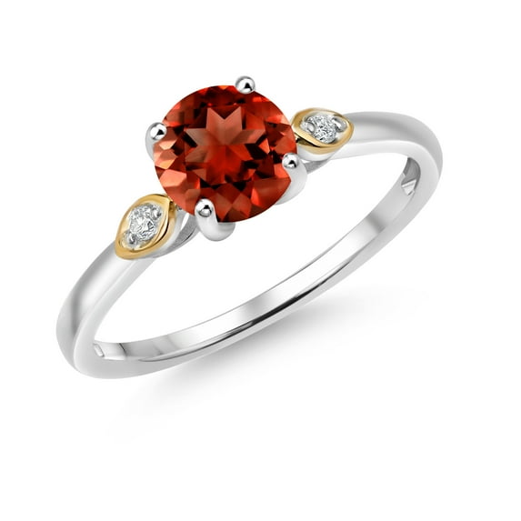 Gem Stone King 925 Silver and 10K Yellow Gold Red Garnet and White Lab Grown Diamond 3-Stone Engagement Ring for Women (1.23 Cttw, Gemstone January Birthstone, Size 6)