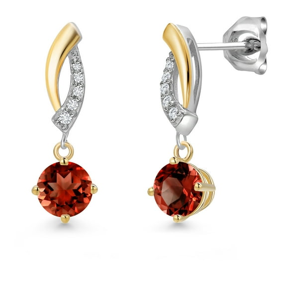 Gem Stone King 925 Silver and 10K Yellow Gold Red Garnet and White Lab Grown Diamond Dangle Earrings for Women | 1.05 Cttw | Gemstone January Birthstone | Round 4.5MM