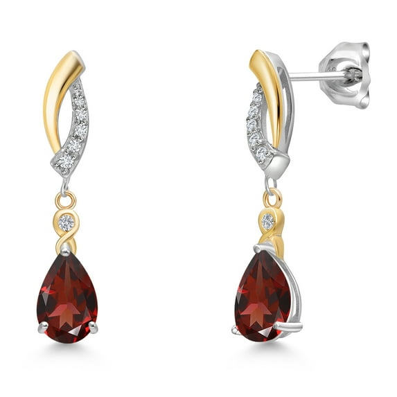 Gem Stone King 925 Silver and 10K Yellow Gold Red Garnet and White Lab Grown Diamond Dangle Earrings for Women | 1.98 Cttw | Gemstone January Birthstone | Pear Shape 8X5MM