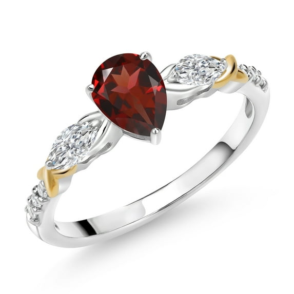 Gem Stone King 925 Silver and 10K Yellow Gold Red Garnet and White Lab Grown Diamond Engagement Ring for Women | 1.06 Cttw | Pear Shape 7X5MM | Gemstone January Birthstone | Size 5