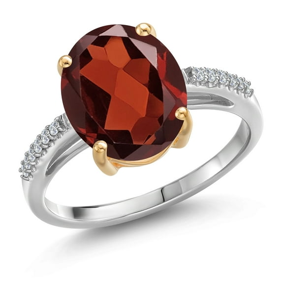 Gem Stone King 925 Silver and 10K Yellow Gold Red Garnet and White Lab Grown Diamond Engagement Ring for Women | 5.58 Cttw | Oval 12X10MM | Gemstone January Birthstone | Size 9