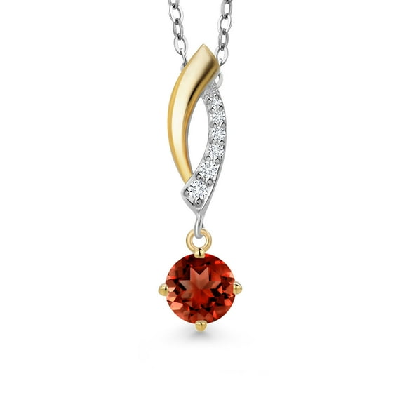 Gem Stone King 925 Silver and 10K Yellow Gold Red Garnet and White Lab Grown Diamond Pendant Necklace for Women | 0.53 Cttw | Gemstone January Birthstone | Round 4.5MM | With 18 inch Chain