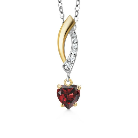 Gem Stone King 925 Silver and 10K Yellow Gold Red Garnet and White Lab Grown Diamond Pendant Necklace for Women | 0.63 Cttw | Gemstone January Birthstone | Heart Shape 5MM | With 18 inch Chain