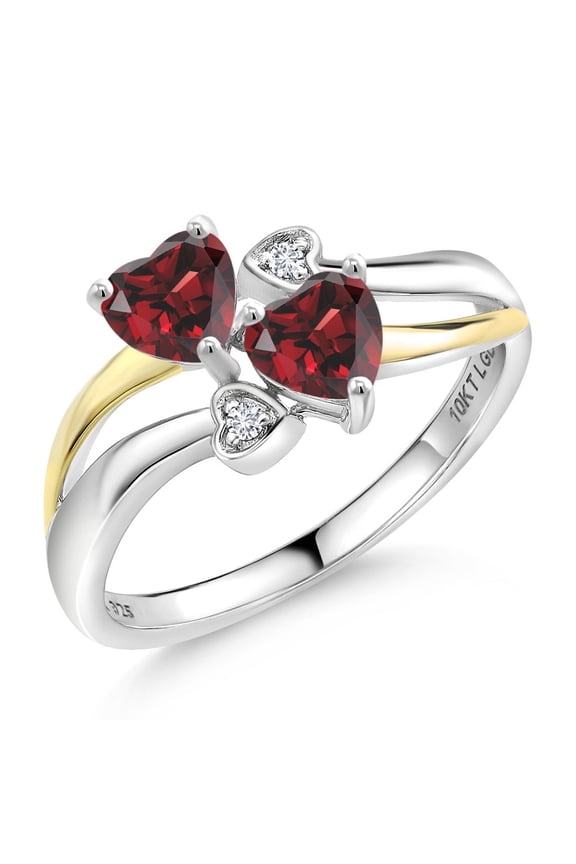 Red Garnet and White Lab Grown Diamond Double Heart Ring for Women | 925 Silver and 10K Yellow Gold | 1.22 Cttw | January Birthstone | Heart Shape 5MM | Available in Size 5, 6, 7, 8, 9