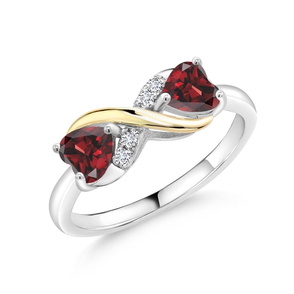 Gem Stone King 925 Silver and 10K Yellow Gold Red Garnet and White Lab Grown Diamond Women Ring (1.24 Cttw, Heart Shape 5MM, Gemstone Birthstone, Available in Size 5, 6, 7, 8, 9)