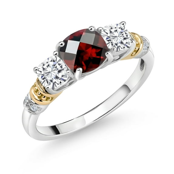 Gem Stone King 925 Silver and 10K Yellow Gold Red Garnet White Moissanite and Diamond 3-Stone Ring for Women (1.62 Cttw, Gemstone January Birthstone, Cushion Checkerboard 6MM and 4MM, Size 7)