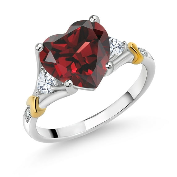 Gem Stone King 925 Silver and 10K Yellow Gold Red Garnet and White Moissanite and White Diamond Engagement Ring for Women | 4.34 Cttw | Heart Shape 10MM | Gemstone January Birthstone | Size 9